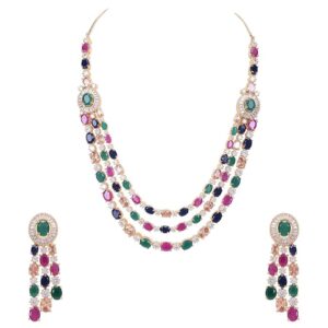 ratnavali jewels american diamond fashion jewellery red green blue white multi layer necklace set with earring for women/girls rv3006m